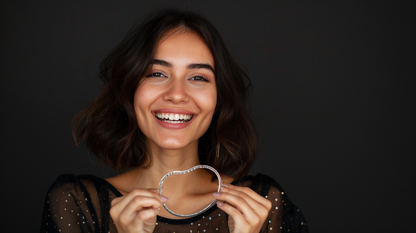 Elegant 30-Year-Old Woman Holding Halfcircle Device