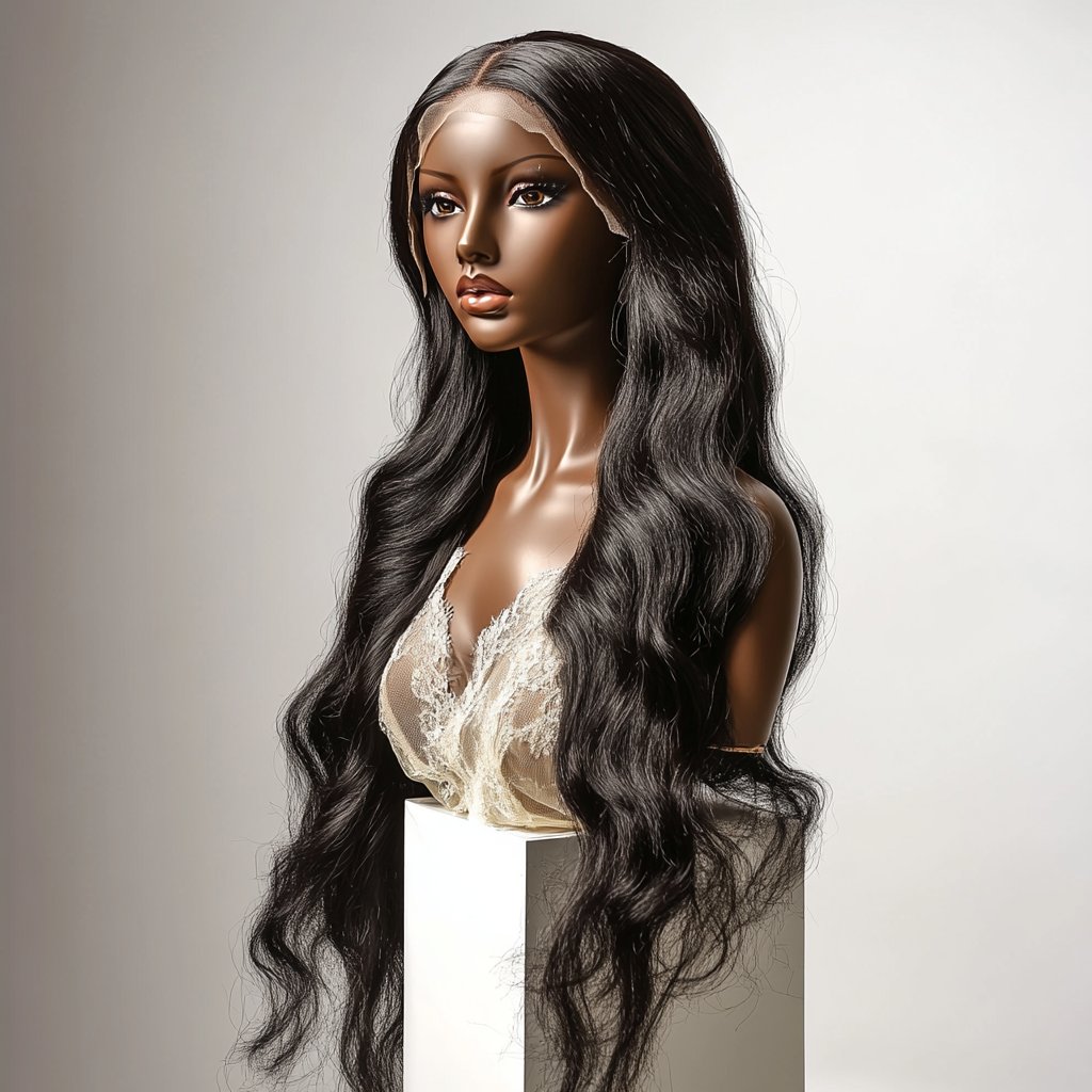 Elegant 40 Inch Lace Wig on Black Mannequin