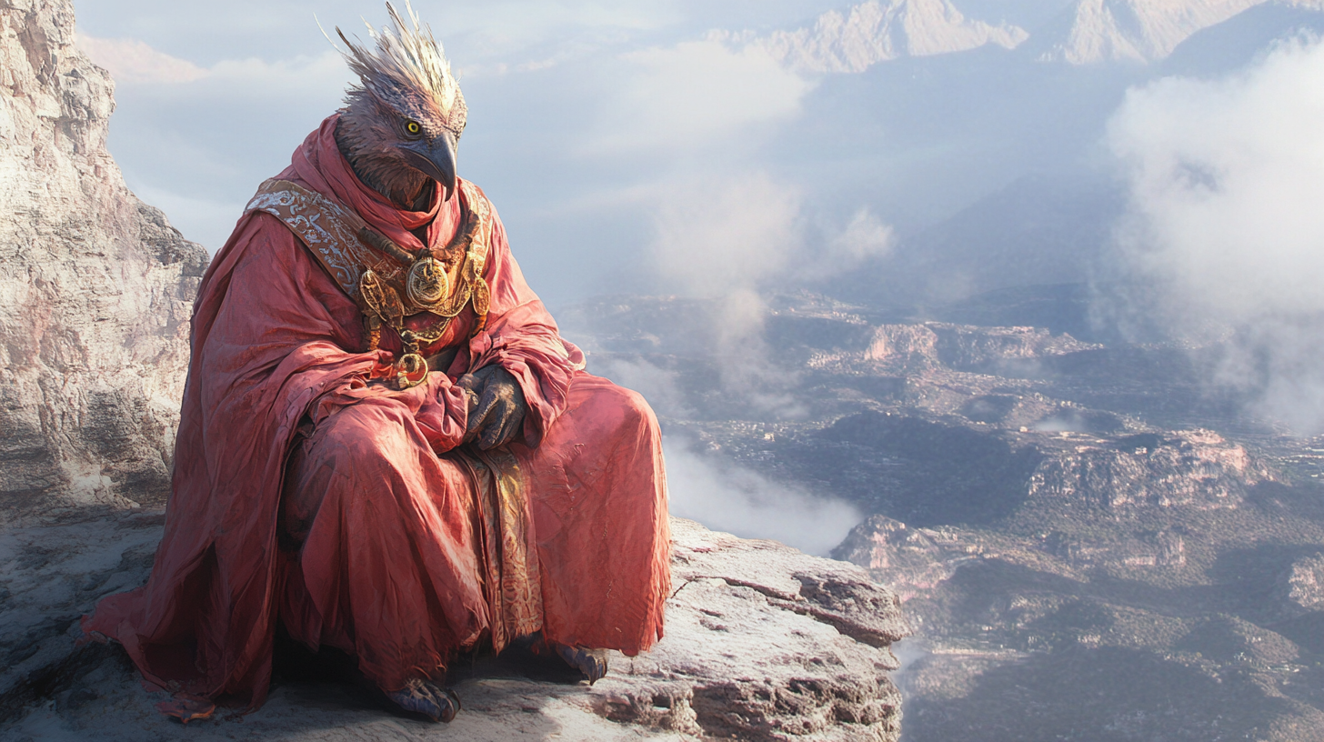 Elegant Aarakocra Monk Crouching on Mountain