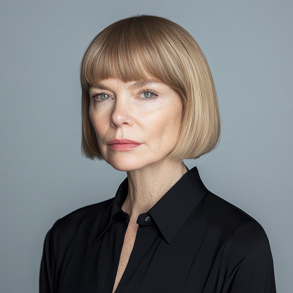 Elegant Anna Wintour on white glass background.