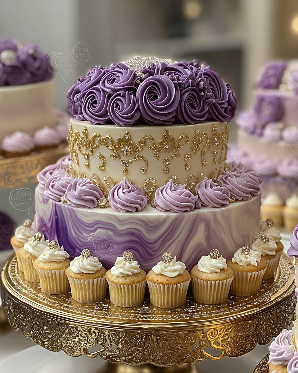 Elegant Cake Display in Lavender and Gold Theme