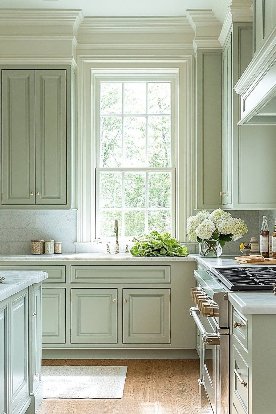 Elegant Celadon Kitchen with Grayish-Green Cabinetry and Marble Countertops