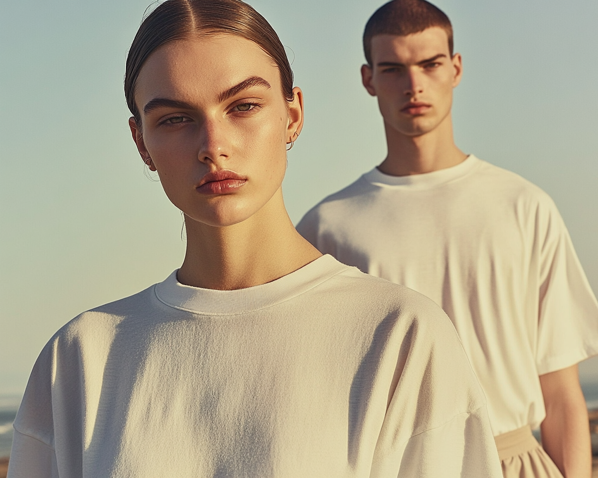 Elegant Couple in Oversized White Shirts: A Portrait