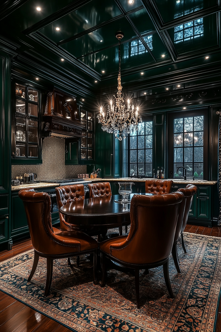 Elegant Deep Green Luxury Kitchen with Mahogany Flooring