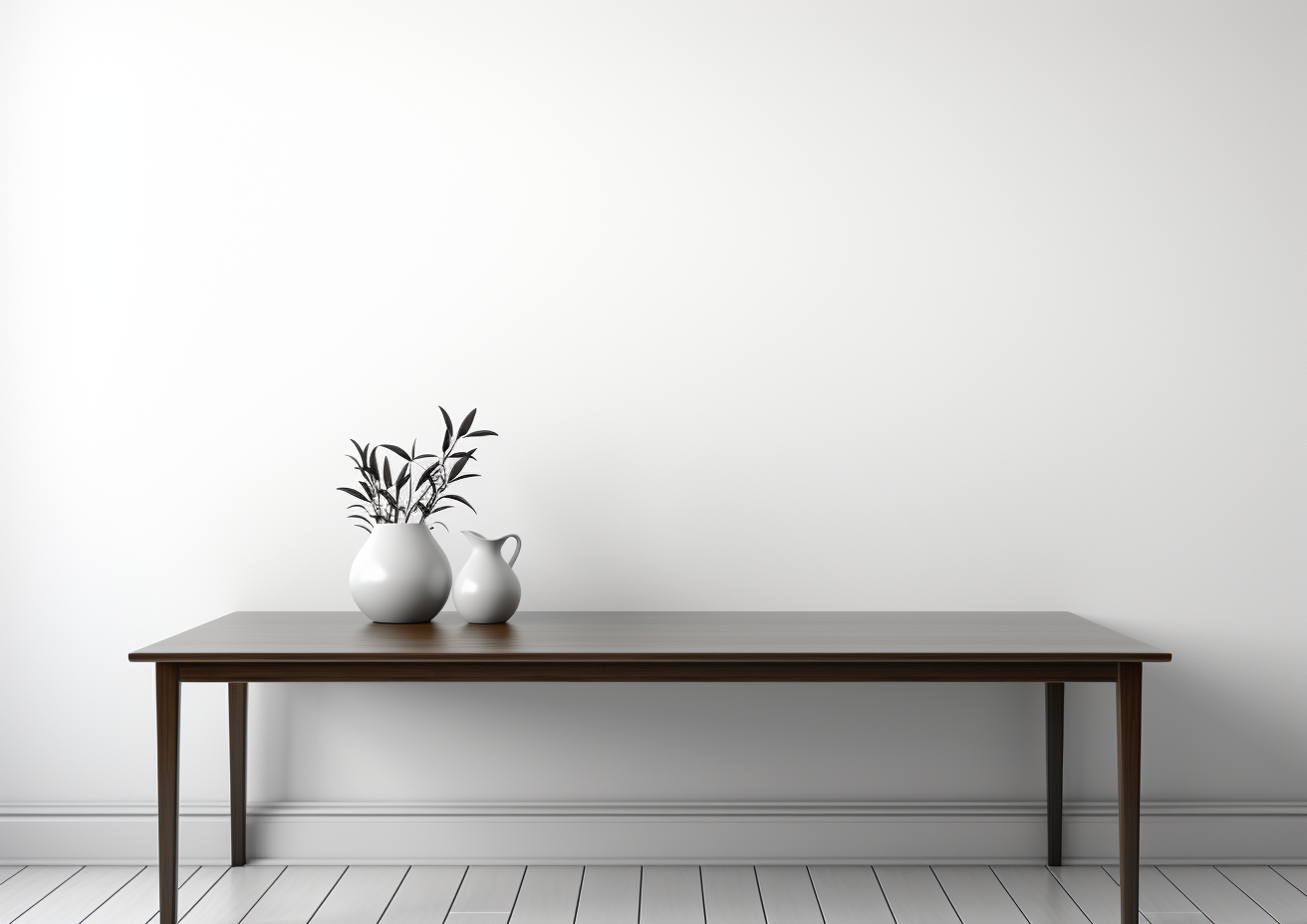 Elegant Dining Room with Blank White Wall, Table Front View