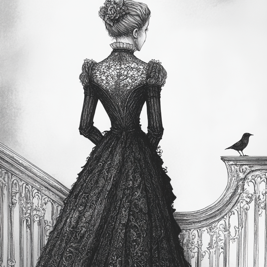 Elegant Figure in Victorian Gown with Surreal Atmosphere.