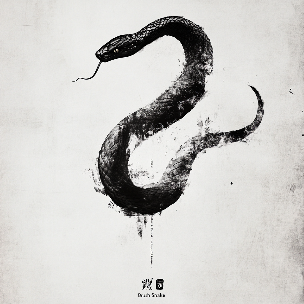 Elegant Ink Brush Snake: Coiled snake in ink brush stroke