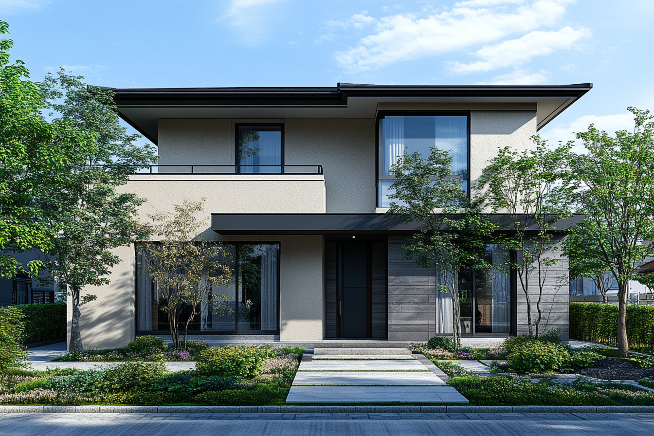 Elegant Japanese couple in front of new home