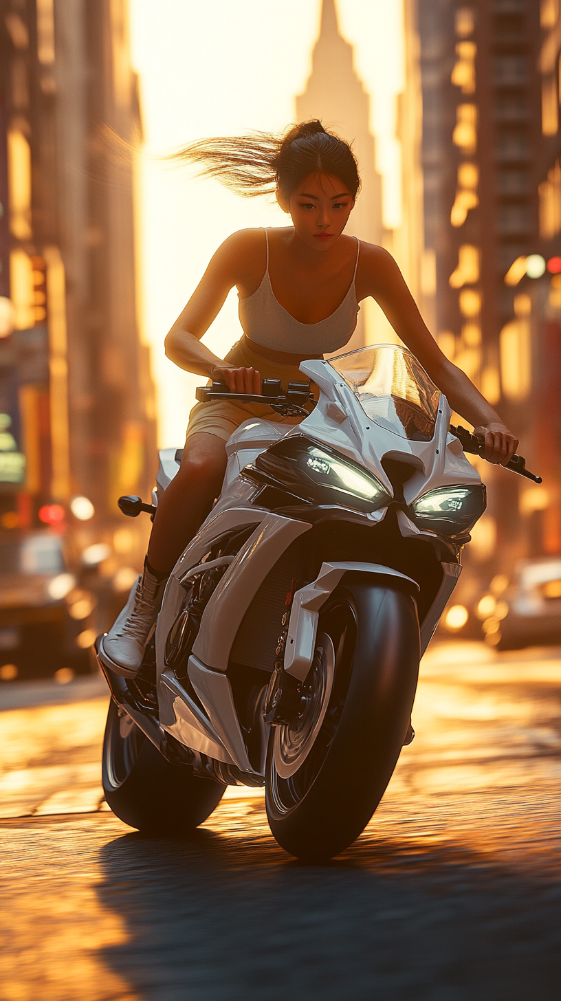 Elegant Japanese woman rides luxurious Kawasaki Ninja