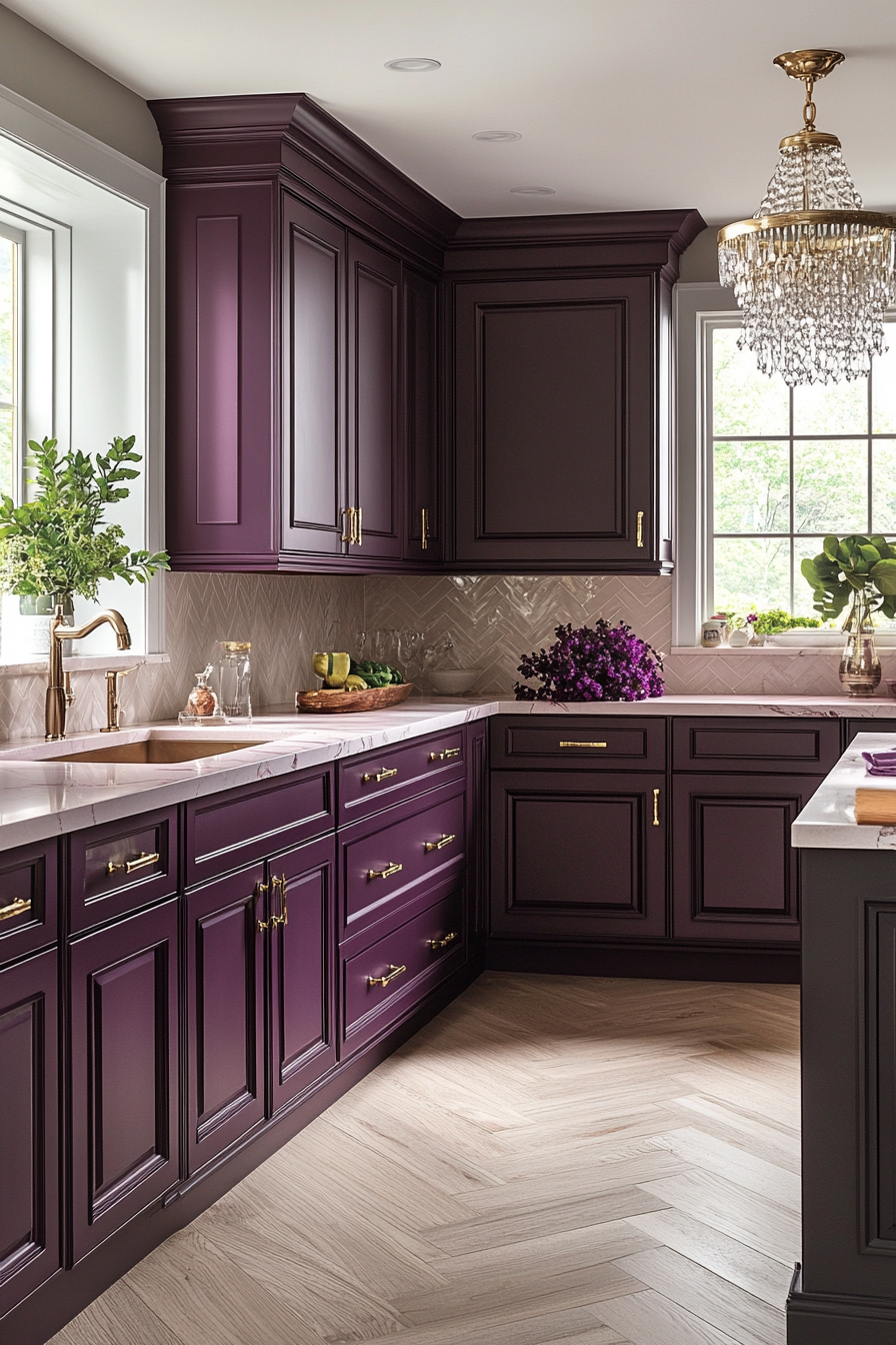 Elegant Kitchen with Blackberry Bliss Cabinets and Pink Marble