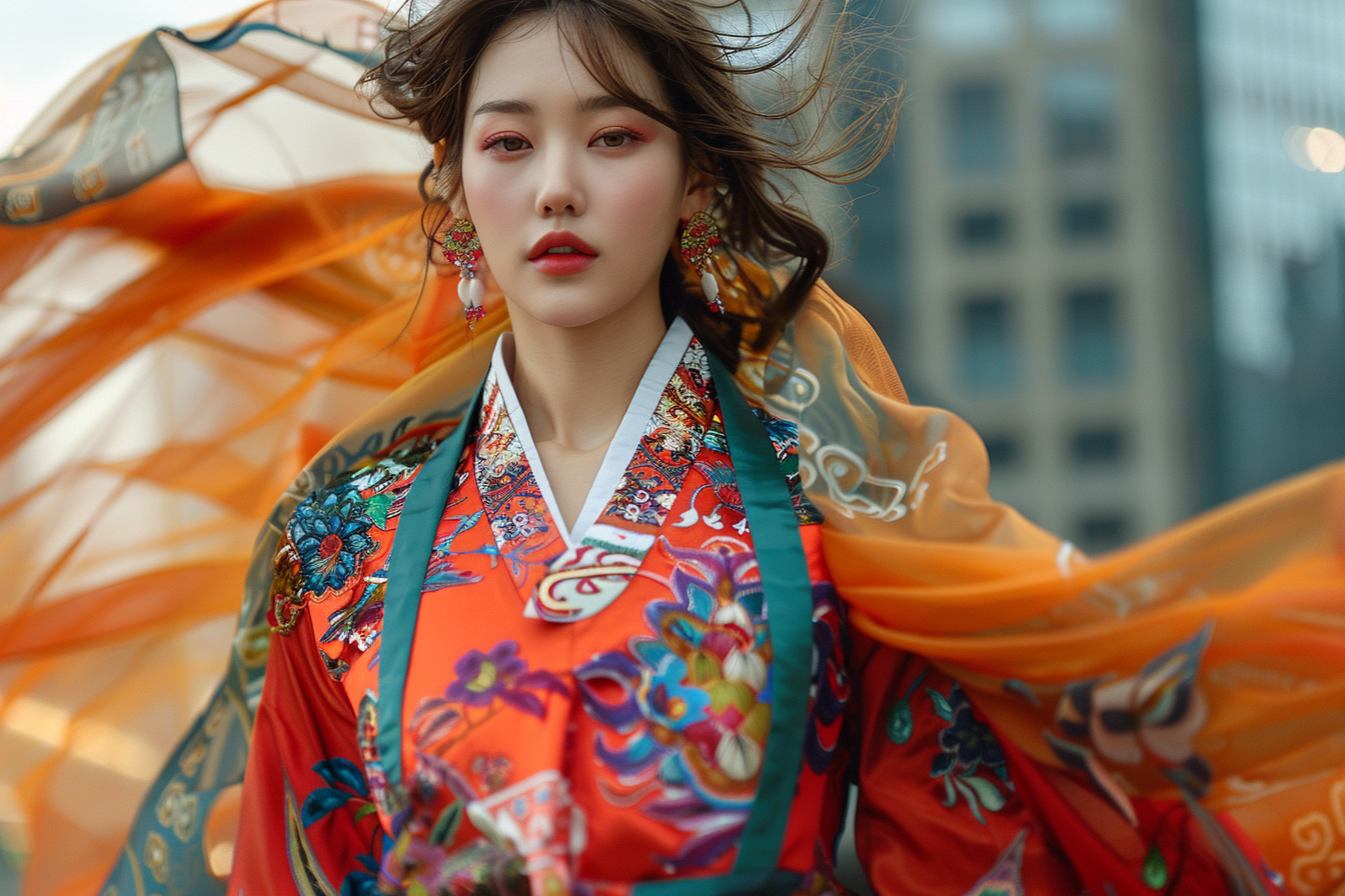 Elegant Korean hanbok fashion in vibrant city