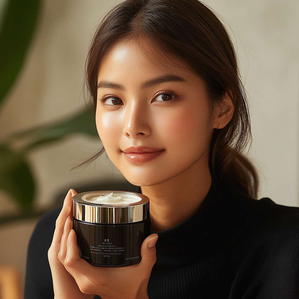 Elegant Korean model showcasing luxurious cream jar.