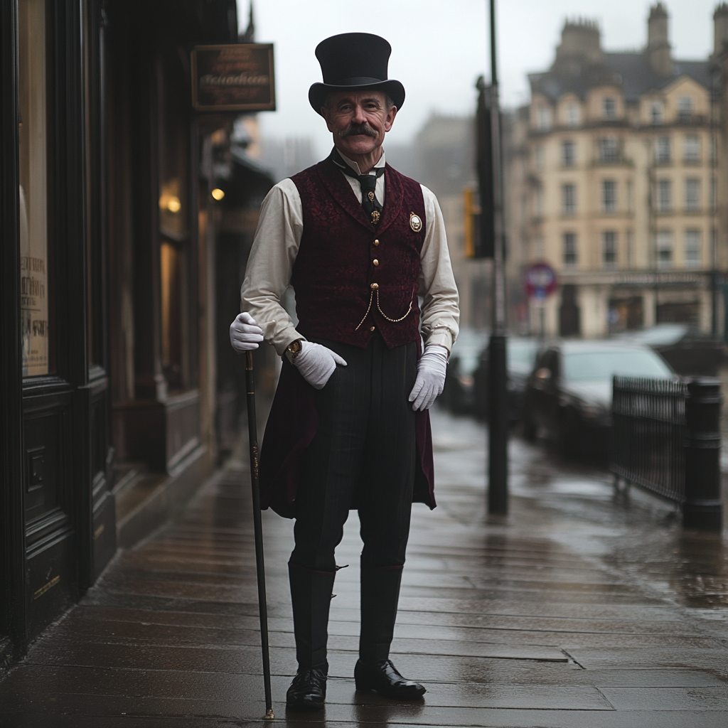 Elegant Man in 1950s Glasgow City Rain