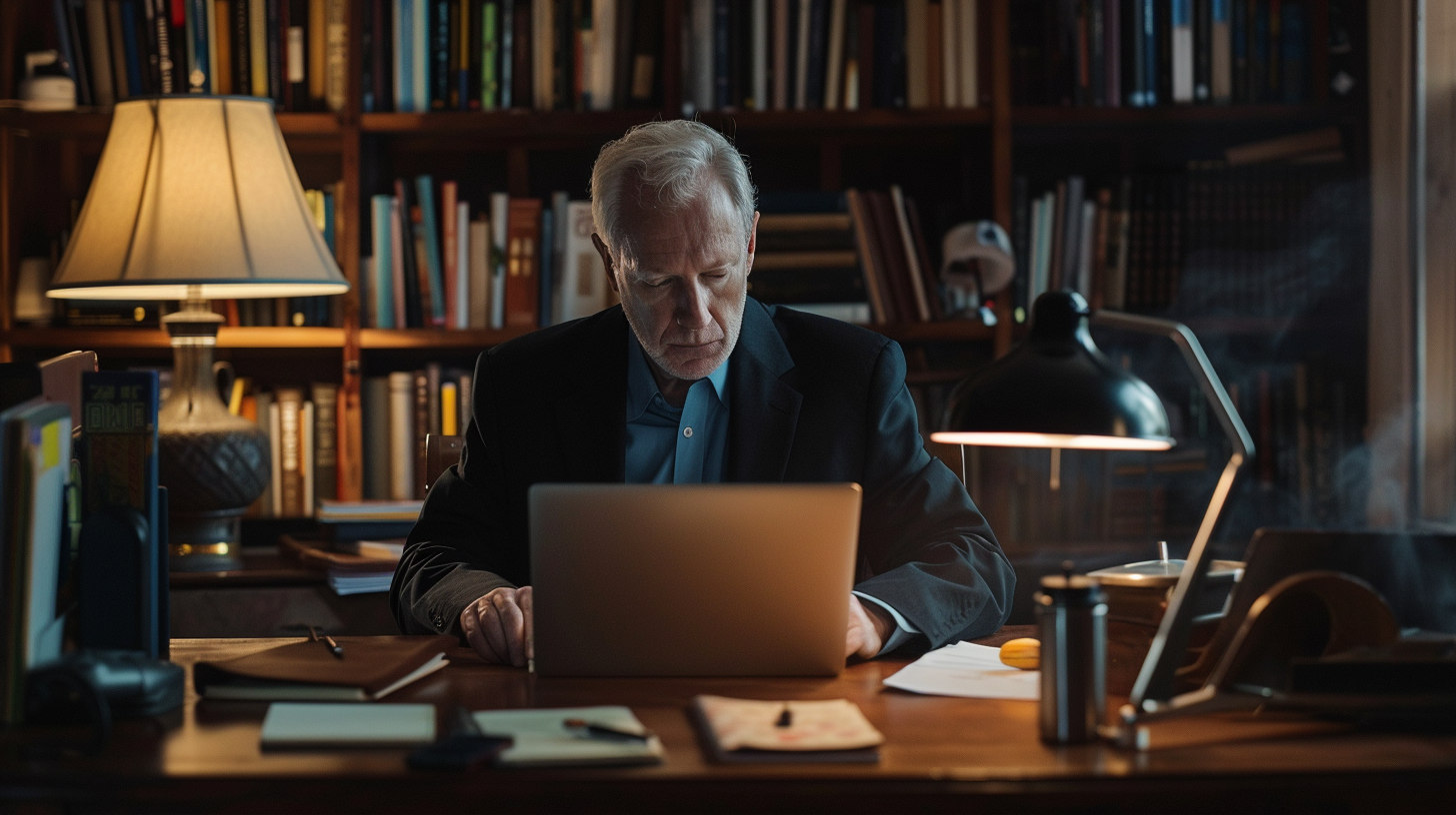 Elegant Mature Man Working in Dark Office Setting