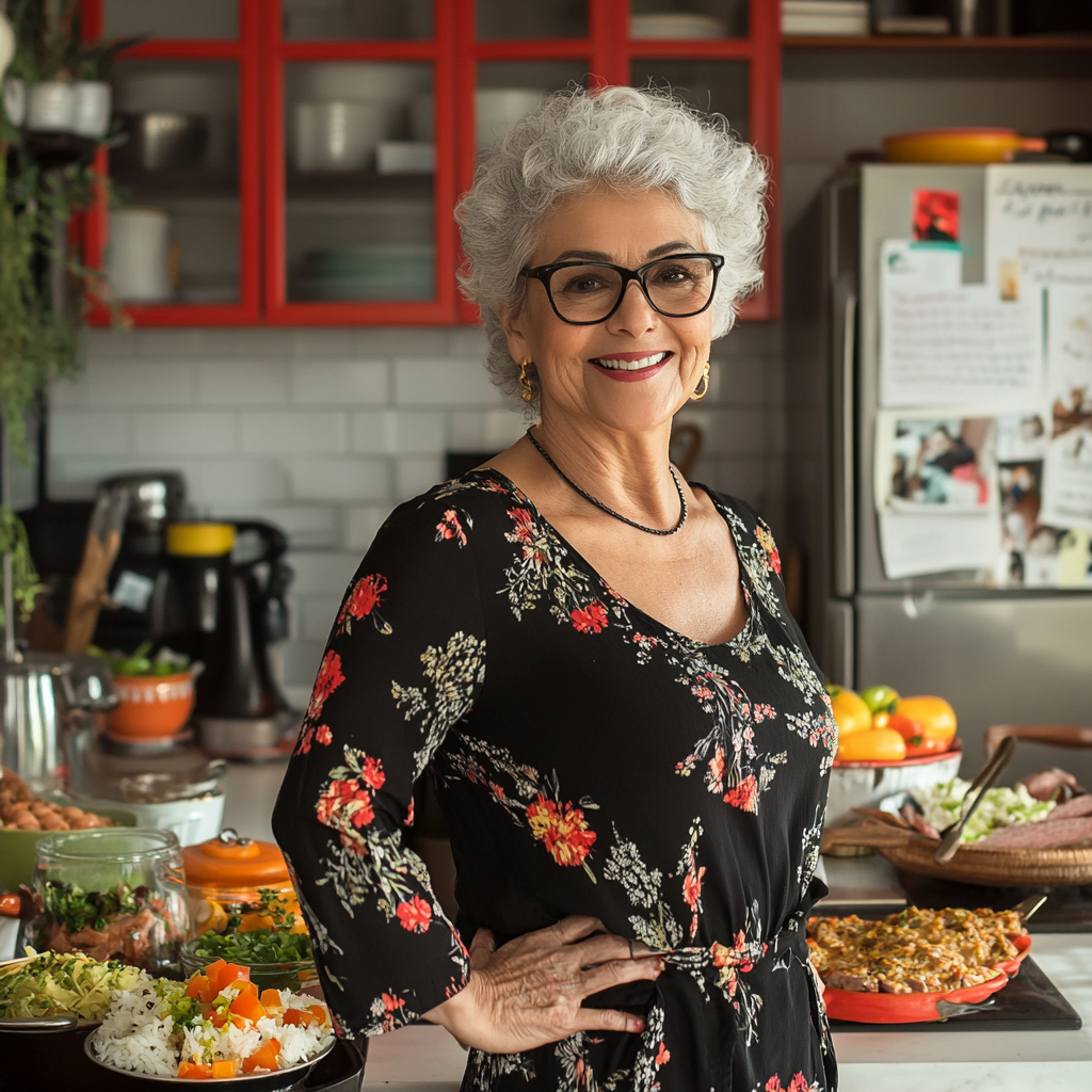 Elegant Modern Grandmother Cooking in 90's Kitchen