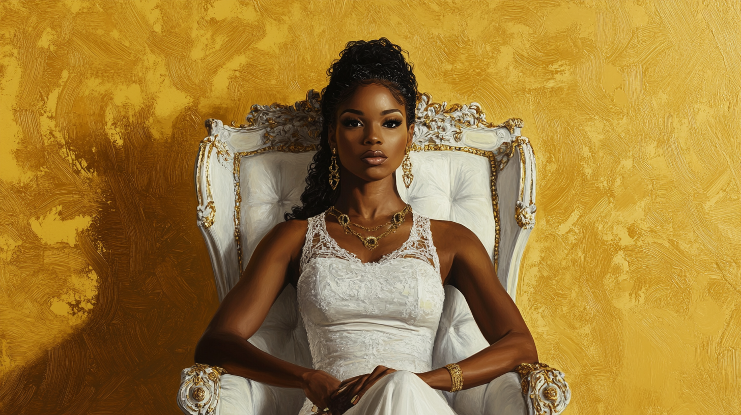 Elegant Nia Long-style black woman on gold-trimmed throne.