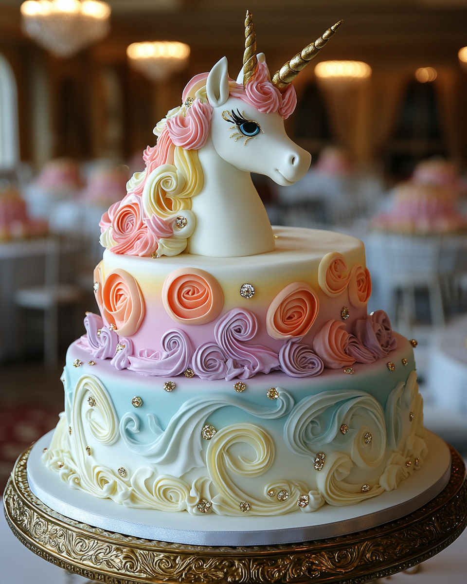 Elegant Rainbow Unicorn Themed Cake with Filigree Design