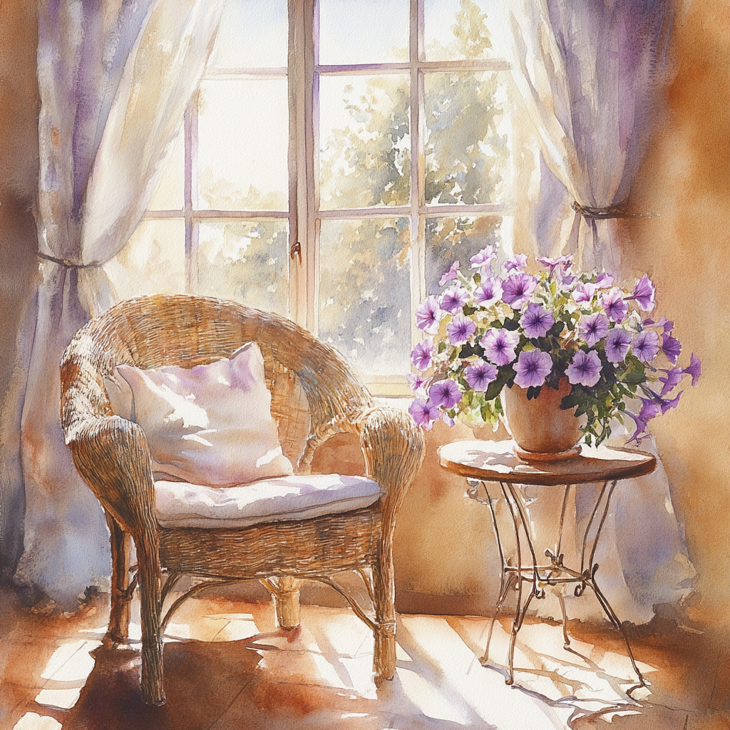 Elegant Watercolor Room with Warm Colors and Petunias