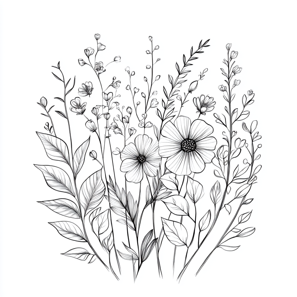 Elegant adult coloring botanical line drawing, minimalist and harmonious.