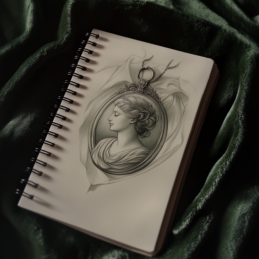 Elegant art nouveau pendant sketch on spiral notebook.