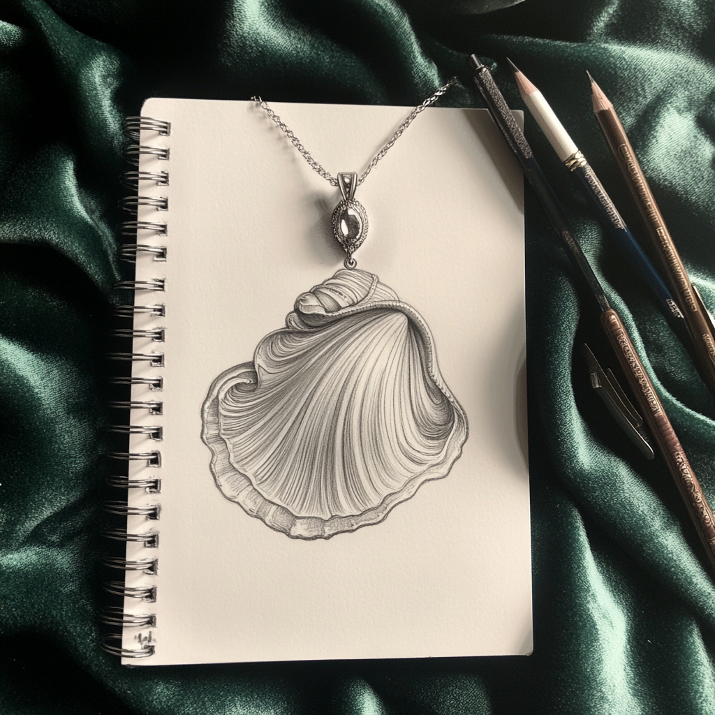 Elegant art nouveau shell pendant sketch on notebook.