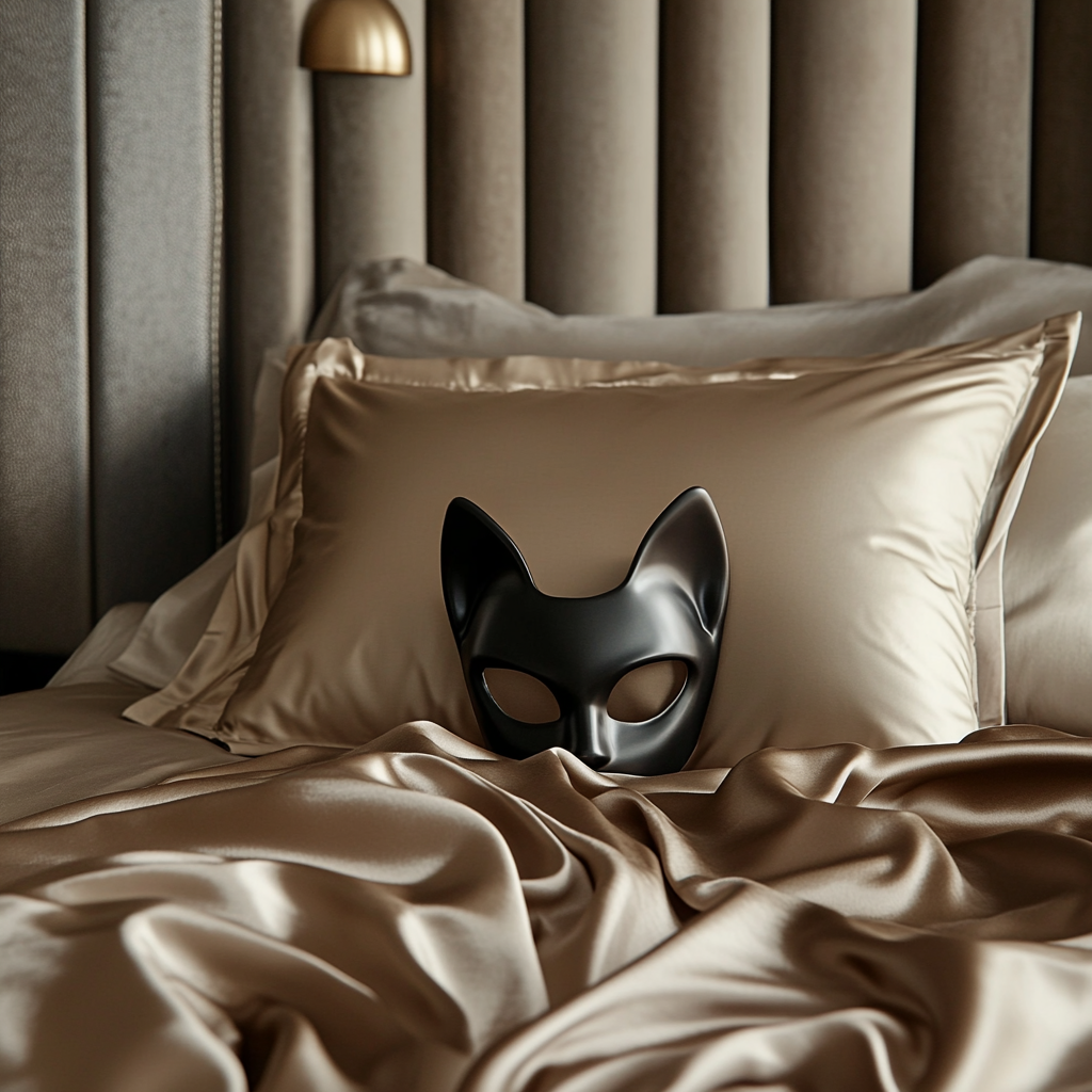 Elegant bedroom with silk bedding, leather headboard, and latex fabric.