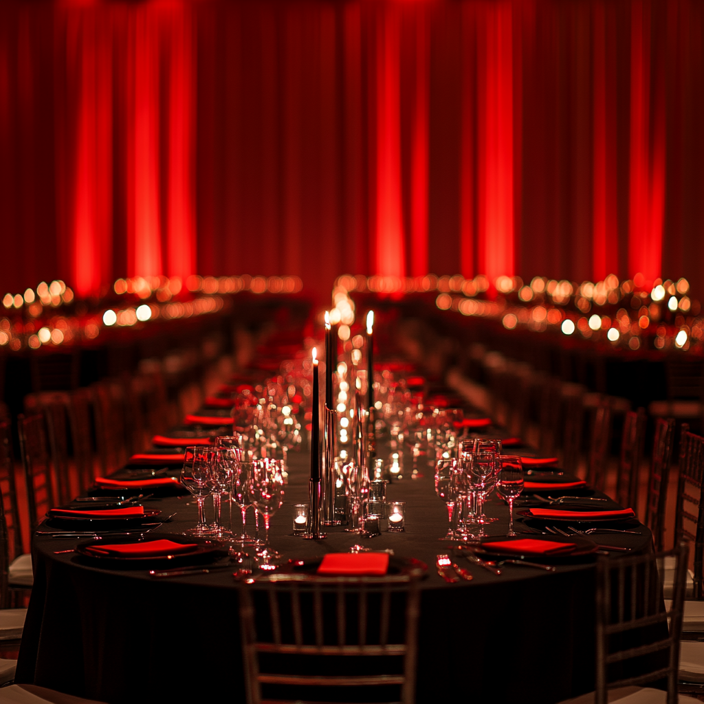 Elegant black tables with silverware in red room