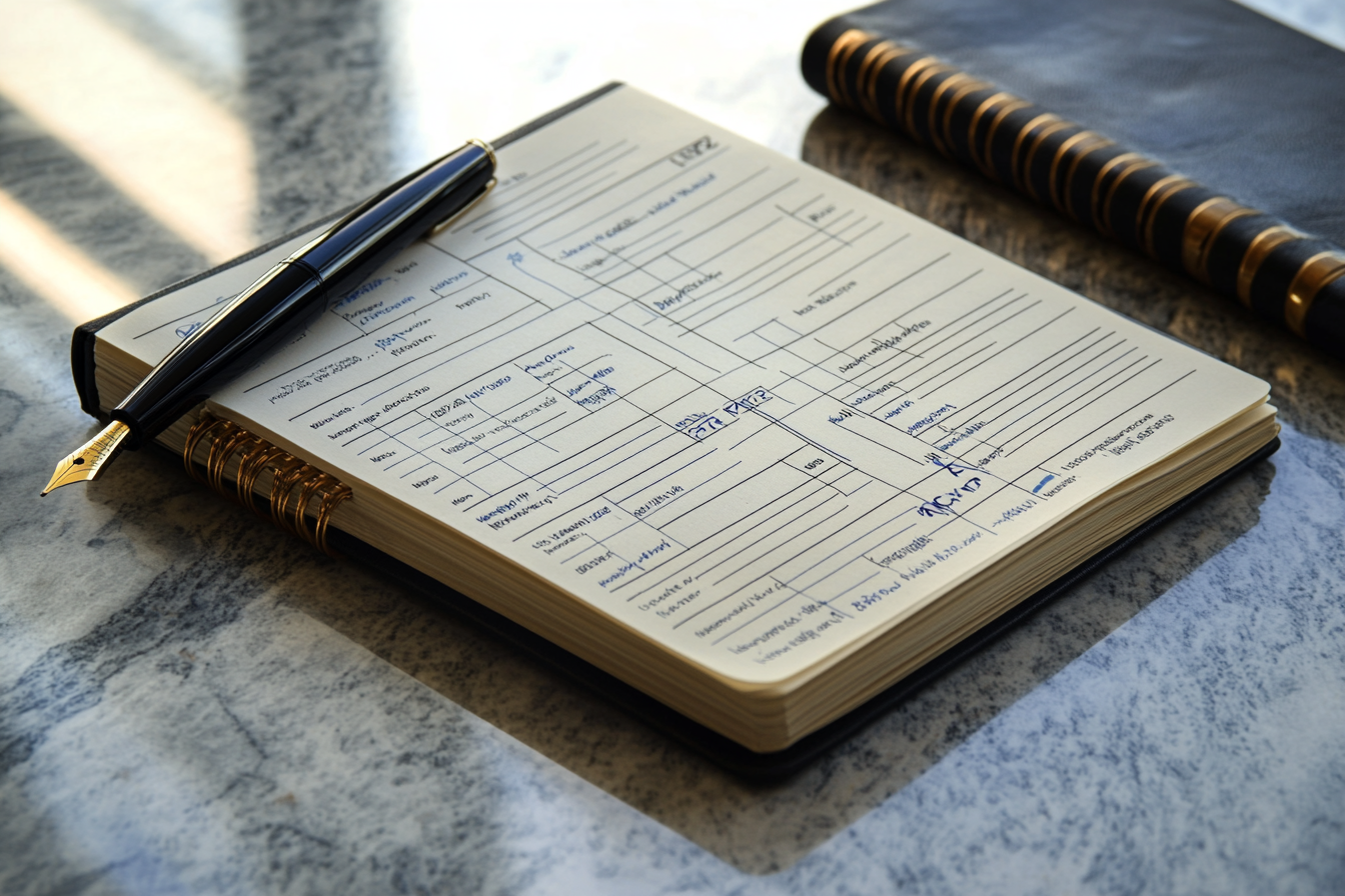 Budget book and Pen on a marble table