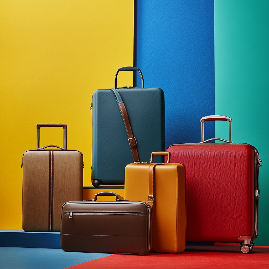 Elegant business travelers with luxury suitcases and bags.