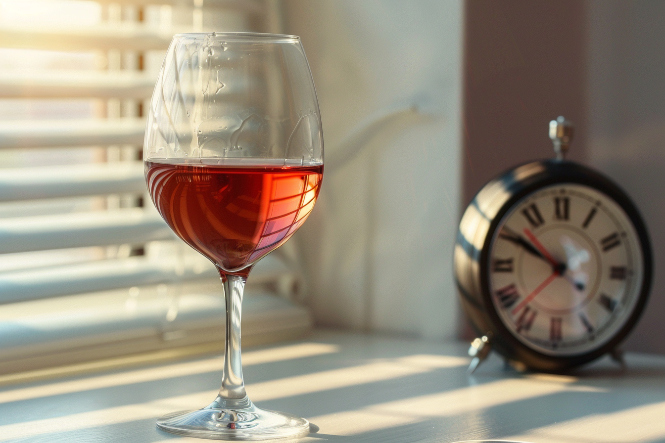 Elegant clock and glass of wine symbolize alcohol elimination.