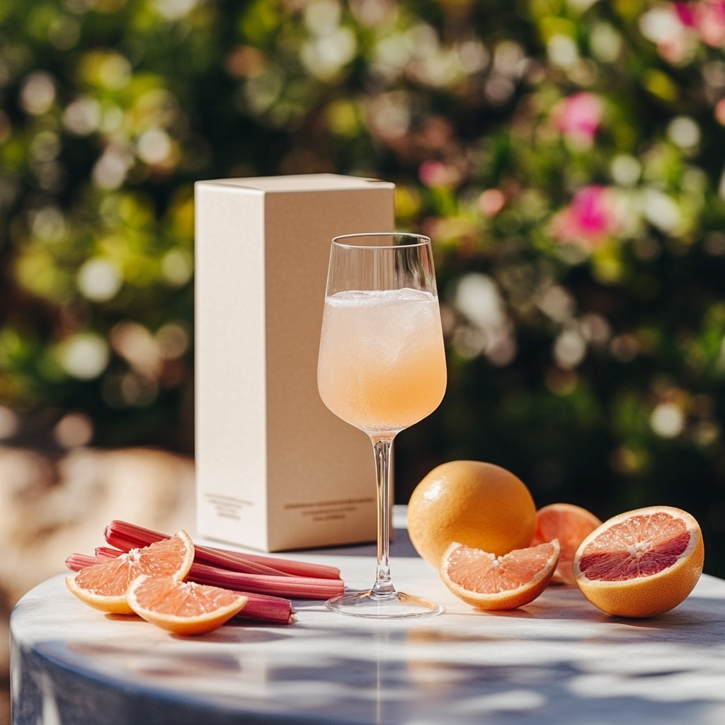 Elegant cocktail glass on sunny terrace with rhubarb