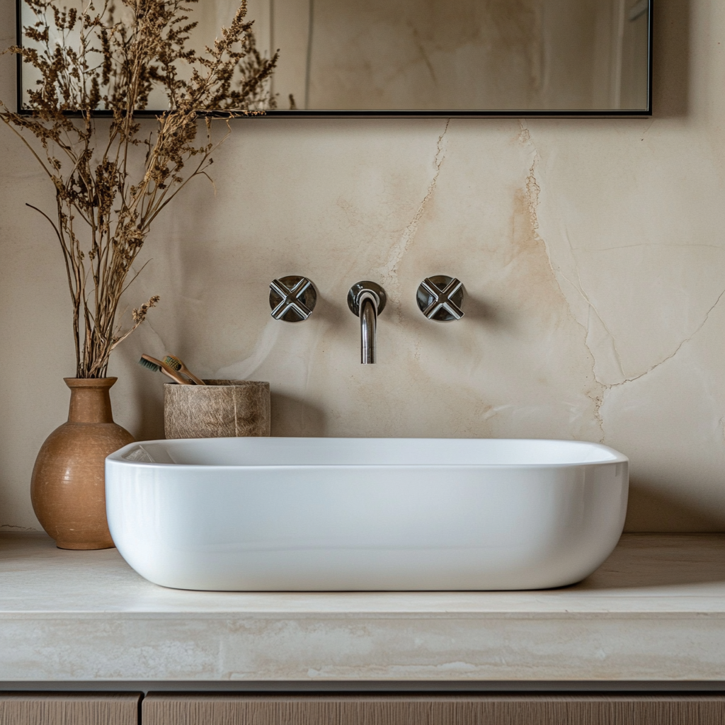 Elegant company bathroom sink with front view.