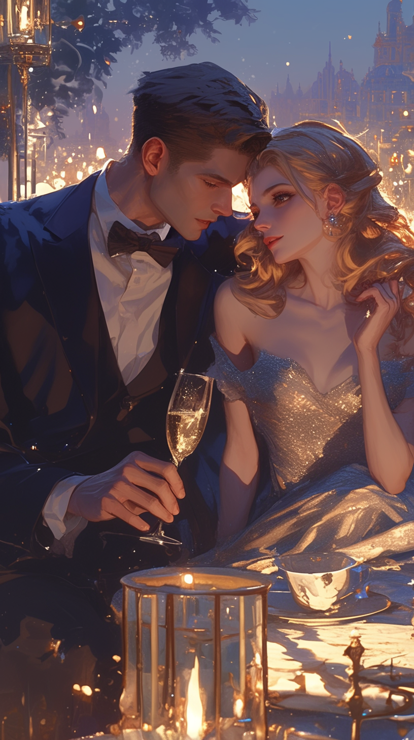 Elegant evening attire, champagne flutes, and twinkling fairy lights.