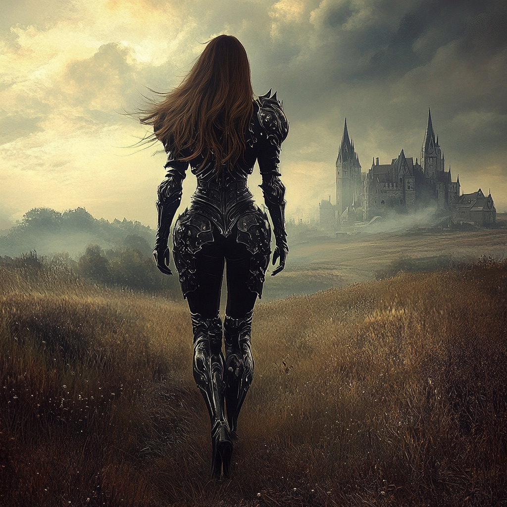 Elegant female knight in black armor. Wavy hair silhouette.