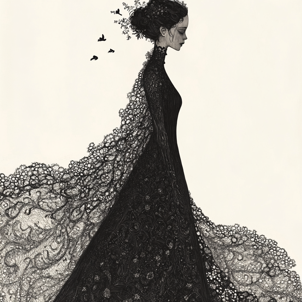 Elegant figure in lace gown with delicate details