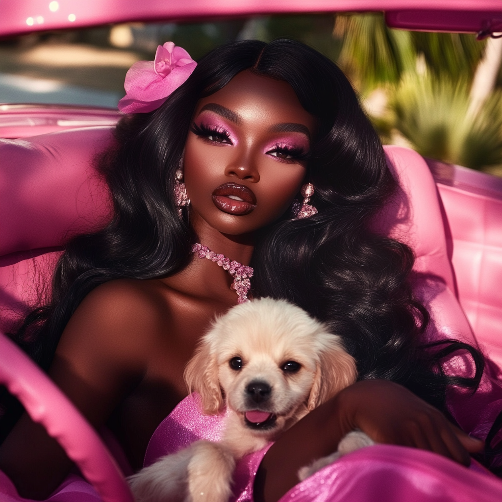 Elegant girl in stylish car with cute puppy