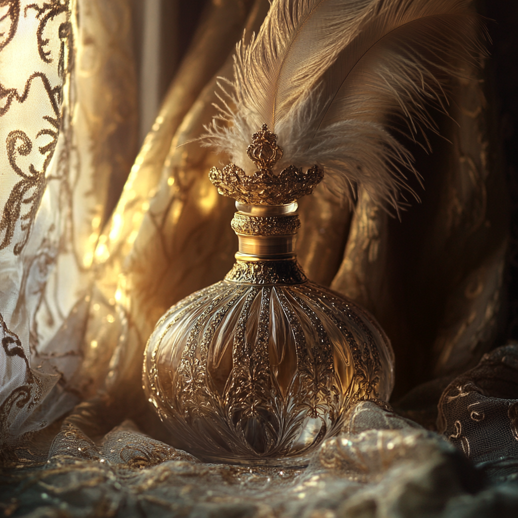 Elegant golden feathered perfume bottle in luxurious setting