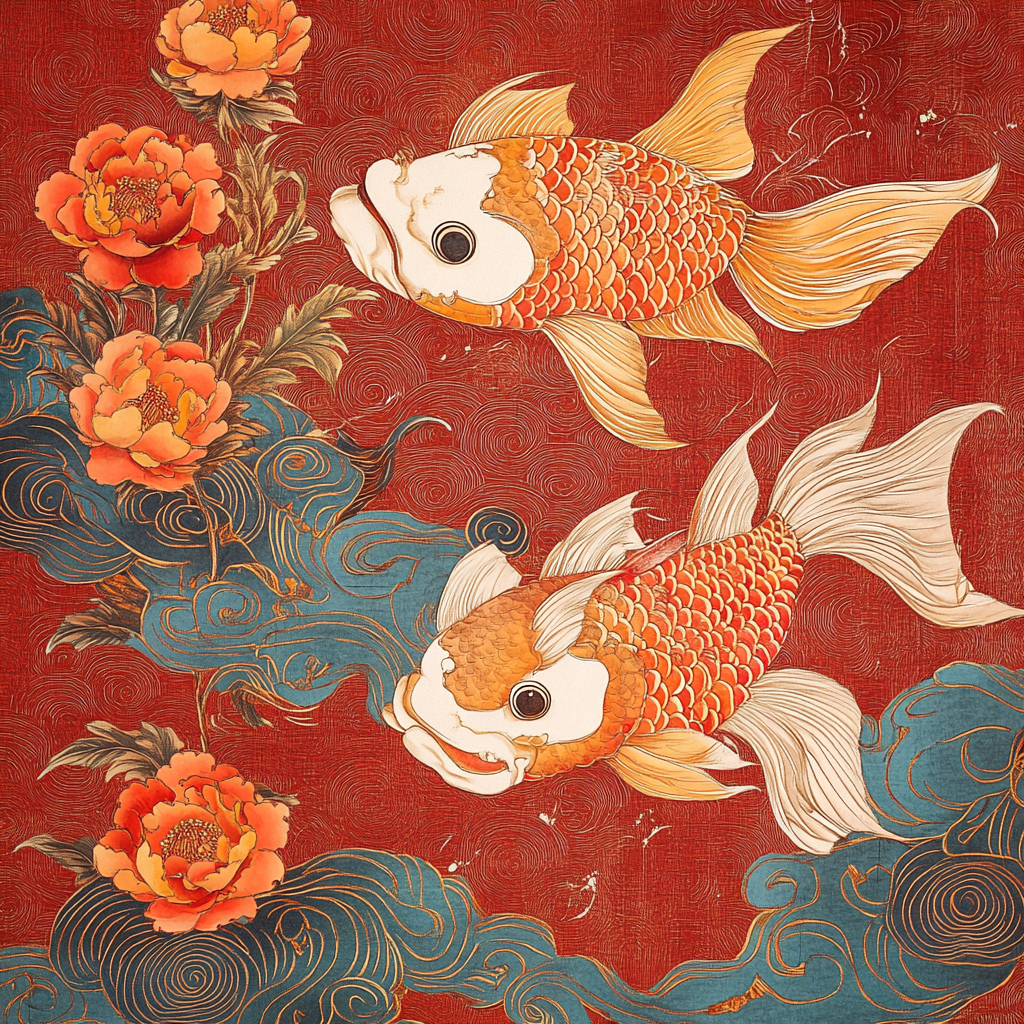 Elegant goldfish with large tails, colorful patterns in red.