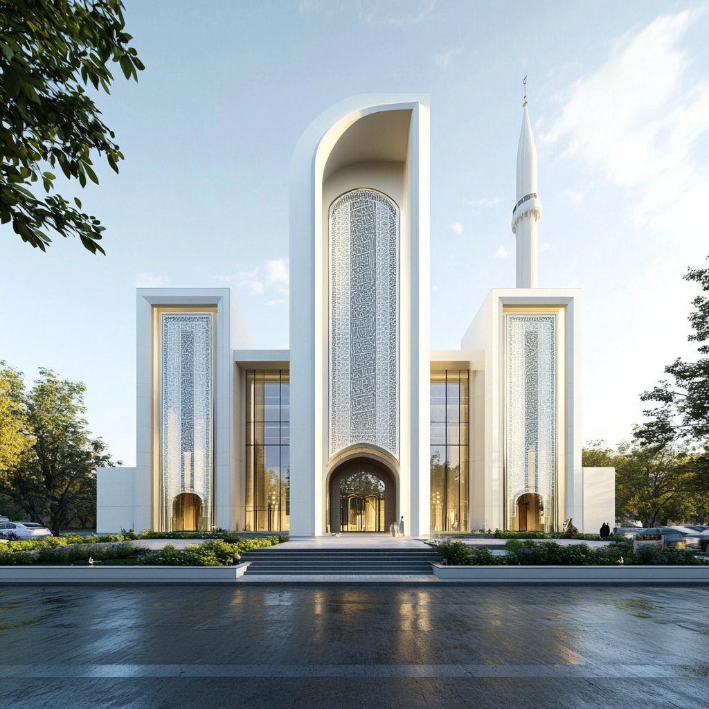 Elegant mosque with modern architecture and large columns.