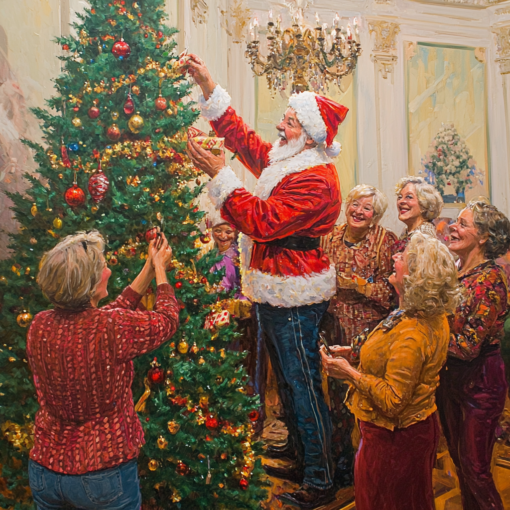 Elegant older ladies decorate tree with Santa