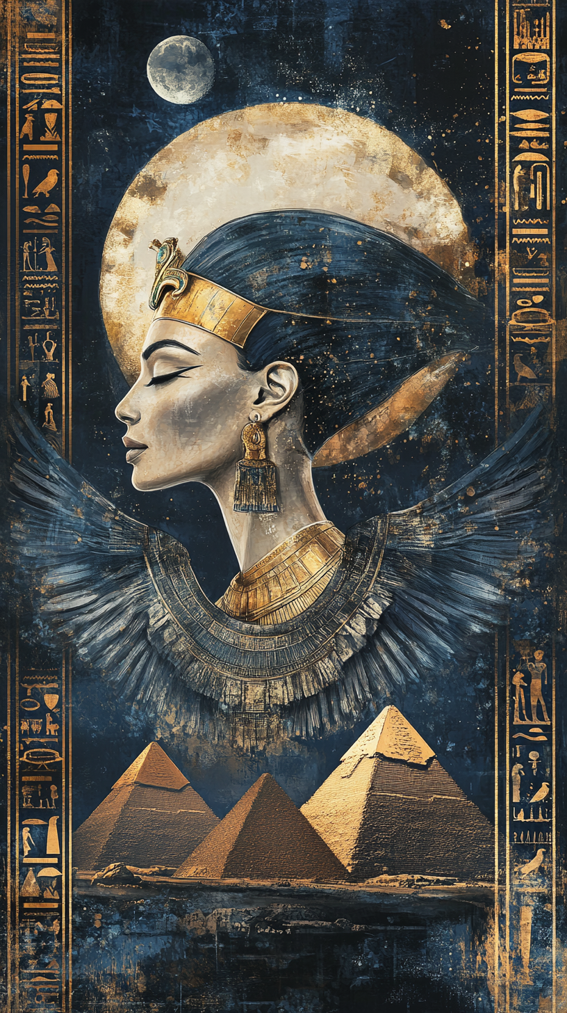 Elegant portrait of Nefertiti, goddess Isis, and pyramids.