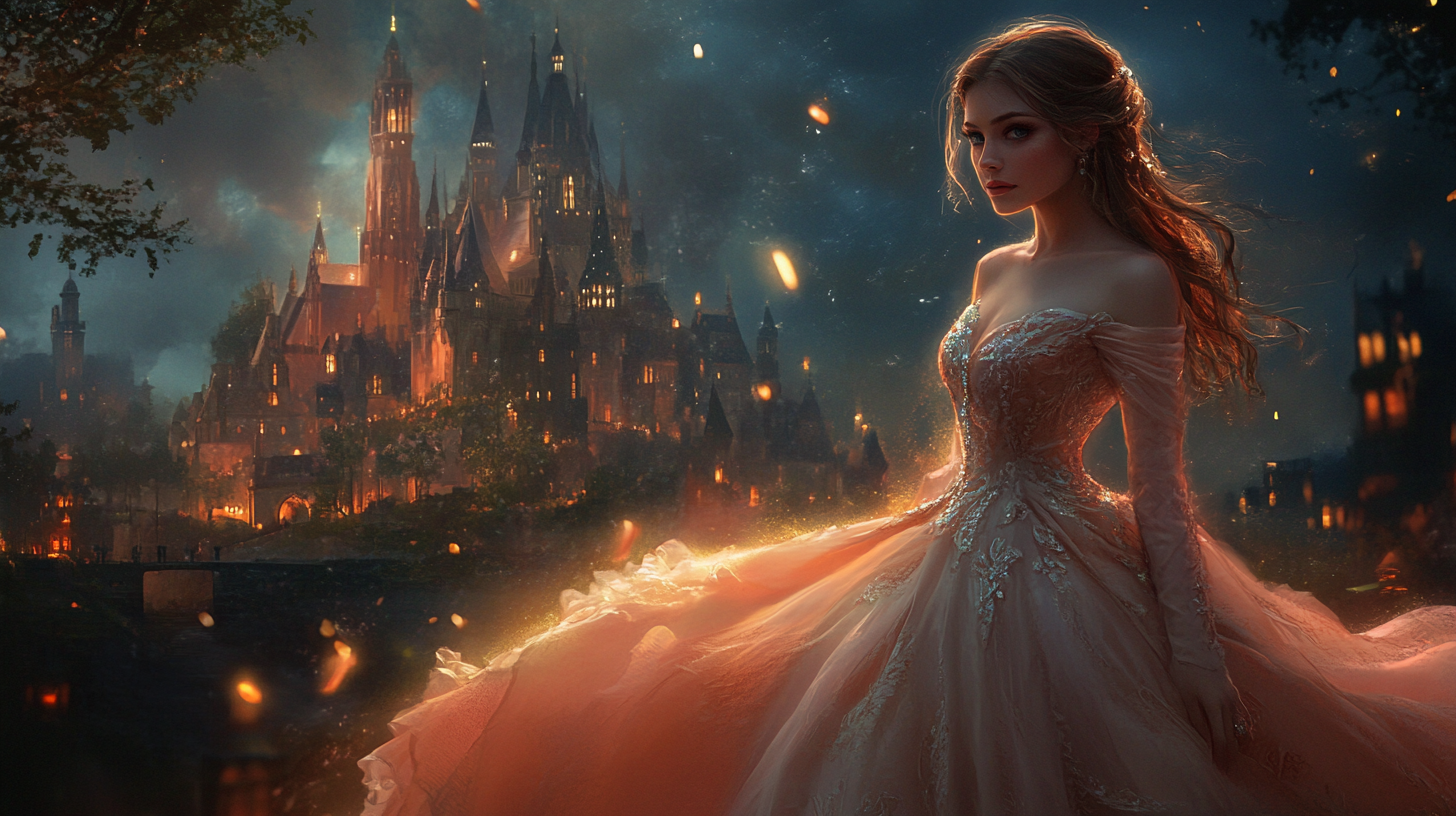 Elegant princess in flowing dress gazes at viewer gently.