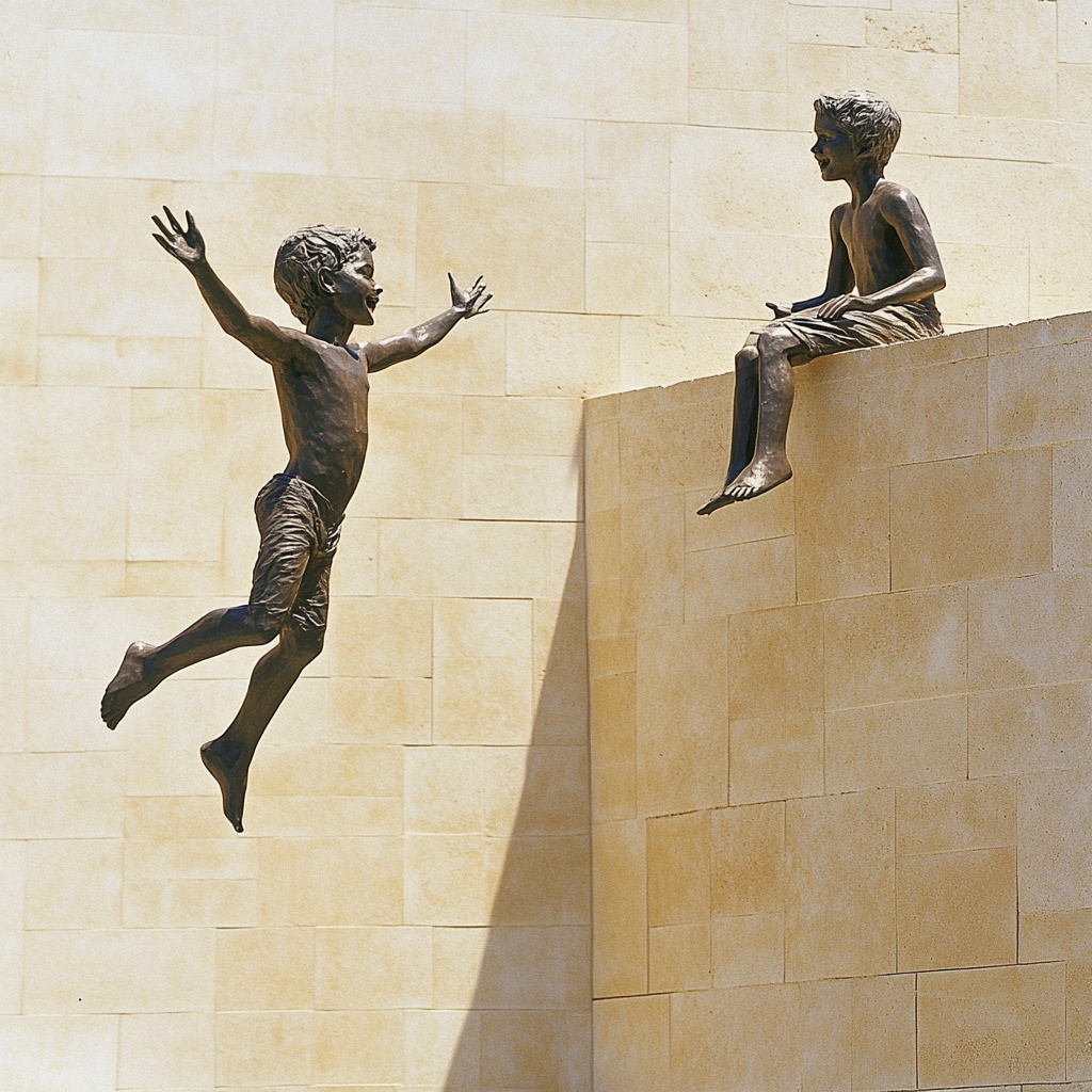 Elegant sculpture of two boys in dynamic pose.