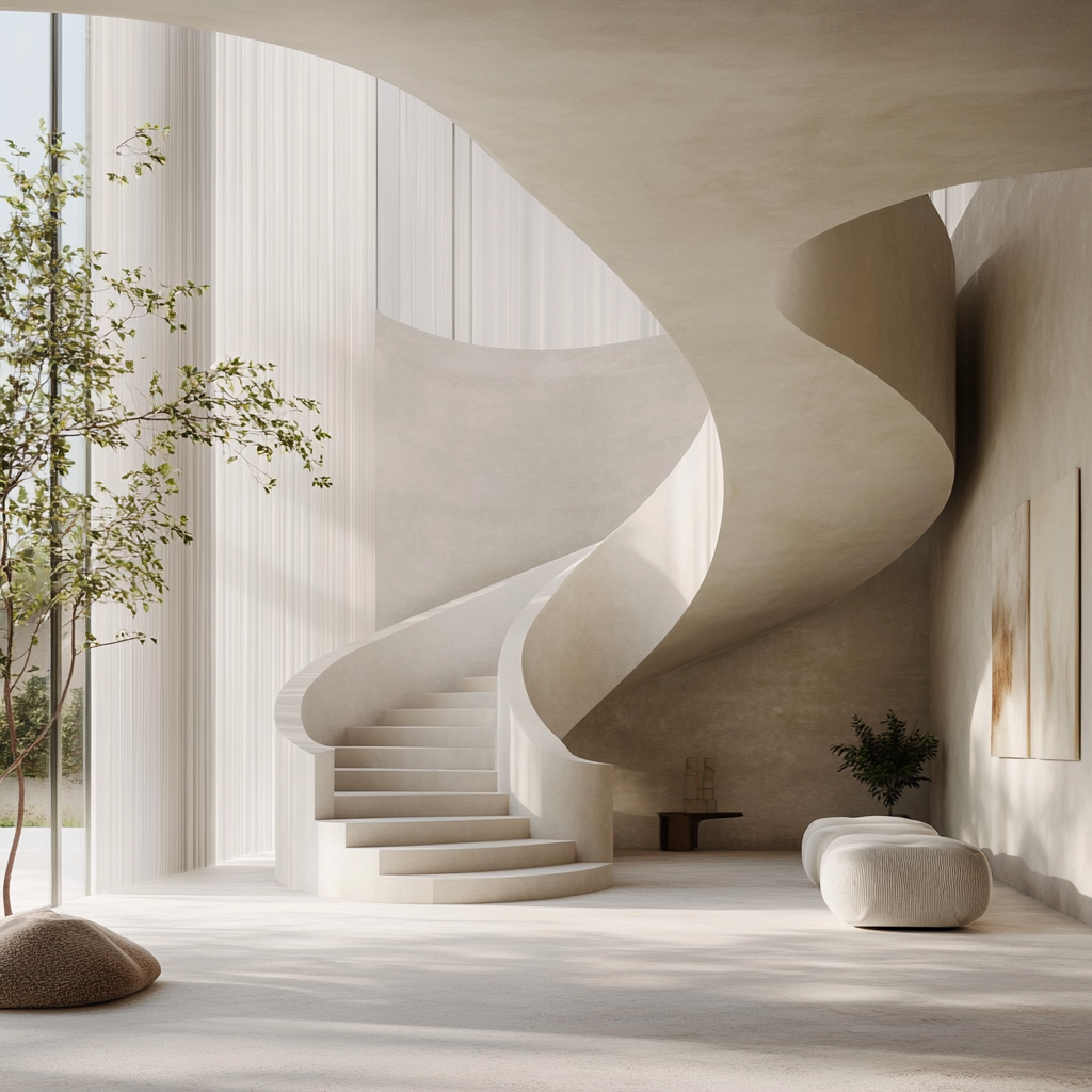 Elegant staircases weaving through serene space, illuminated by light.