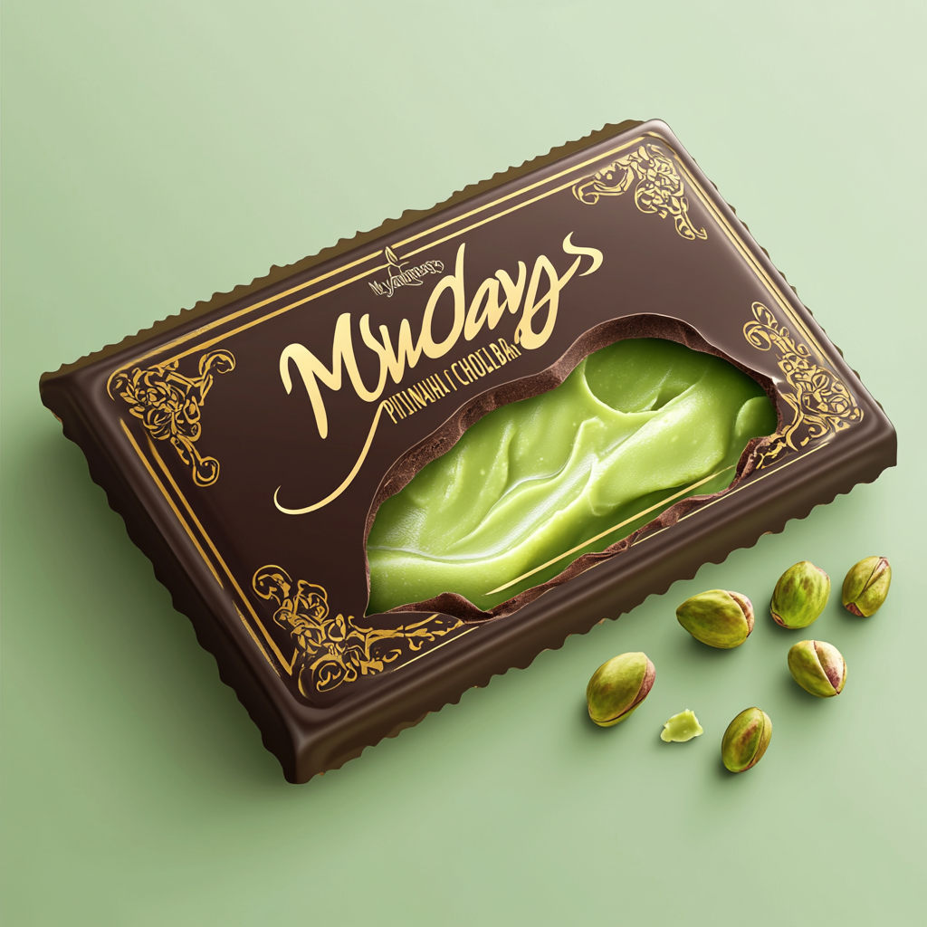 Elegant sticker label for MYDAYS Kunafa Pistachio Chocolate.