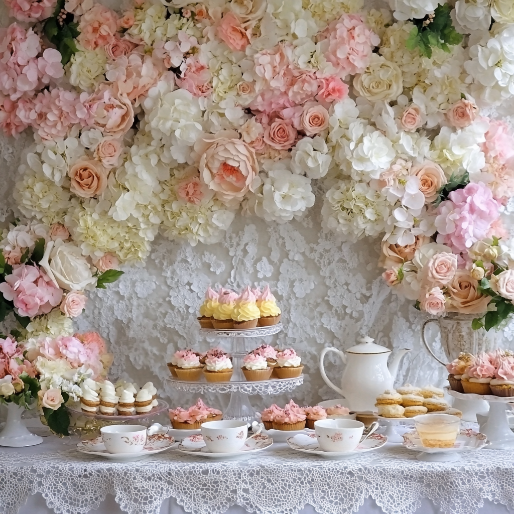 Elegant tea party with floral, lace, hats, and desserts.