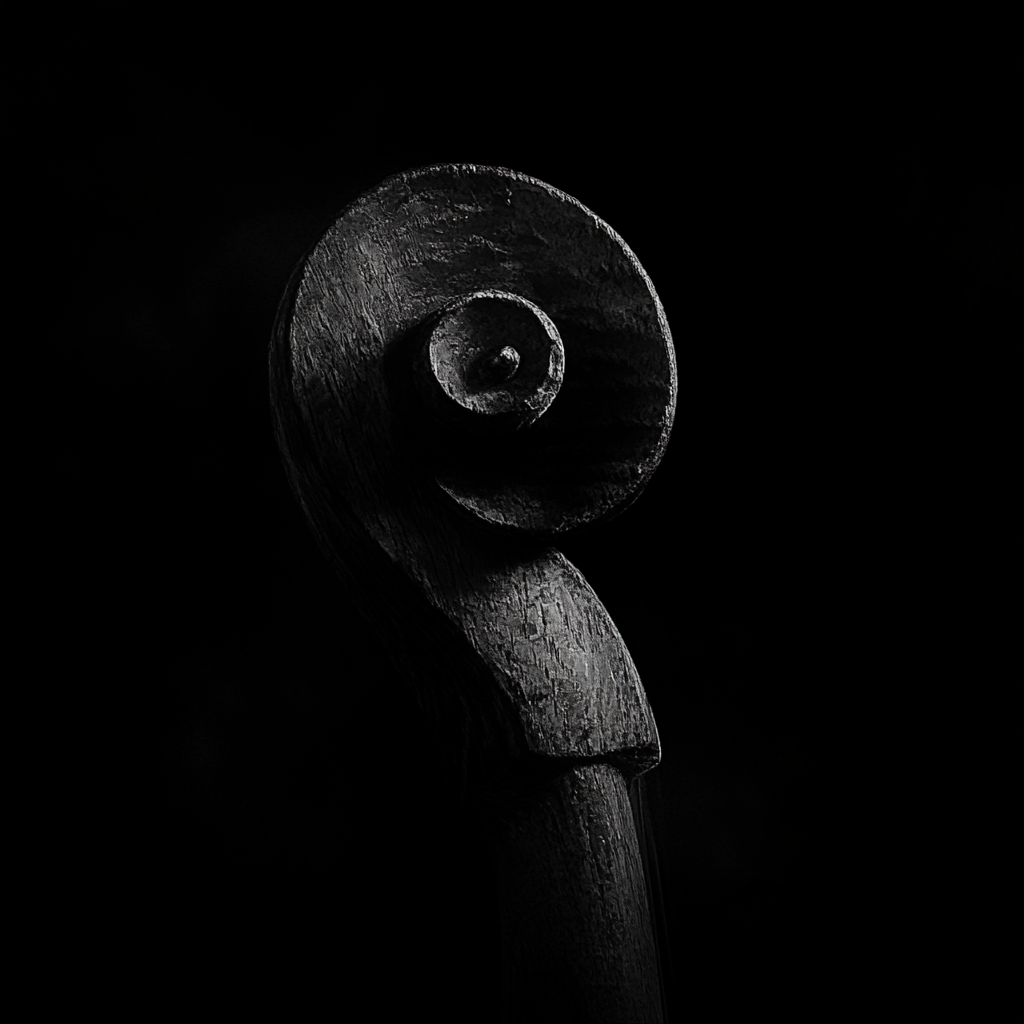 Elegant violin scroll emerging from mysterious darkness.