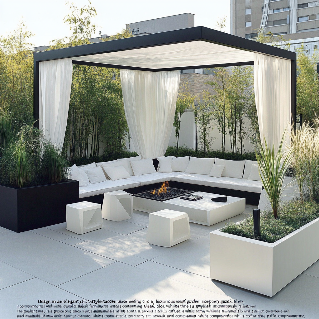 Elegant white-themed roof garden with modern black furniture. Luxurious.