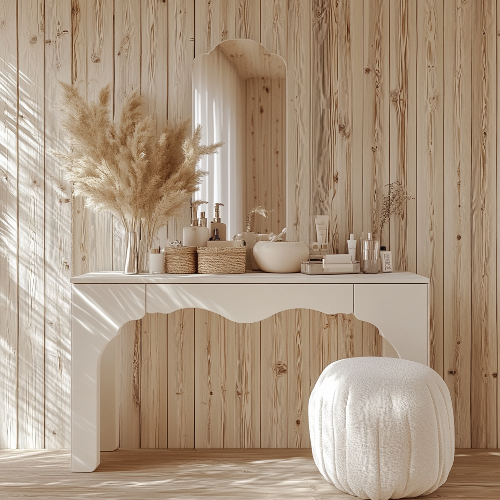 Elegant white vanity table in cozy home interior