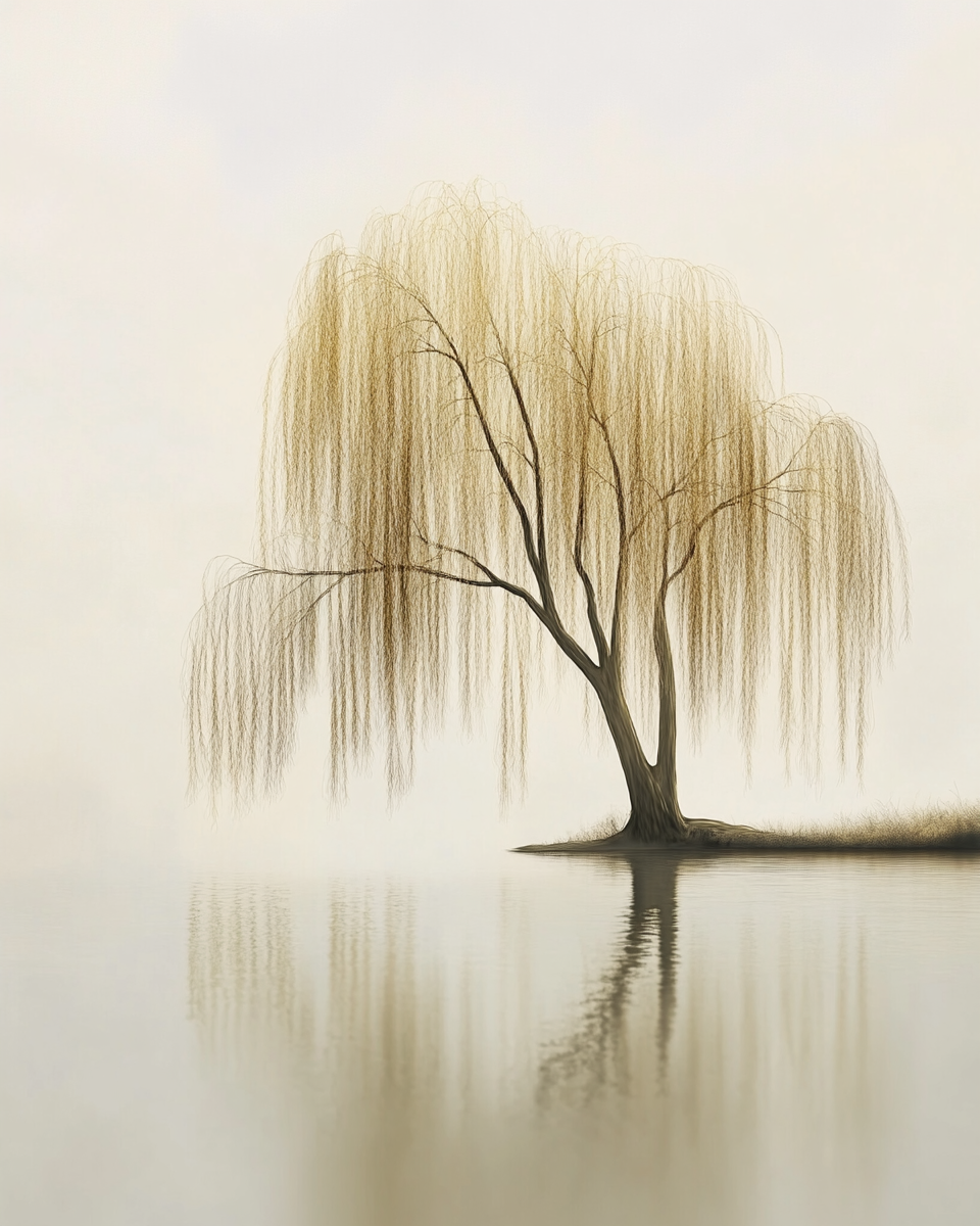 Elegant willow tree with hanging leaves by calm water.